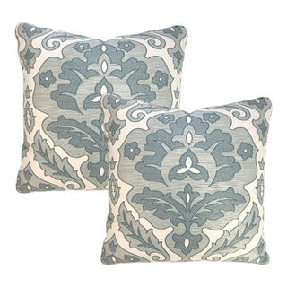 Pair of 20'' Spa Blue Damask Throw Pillows For Sale