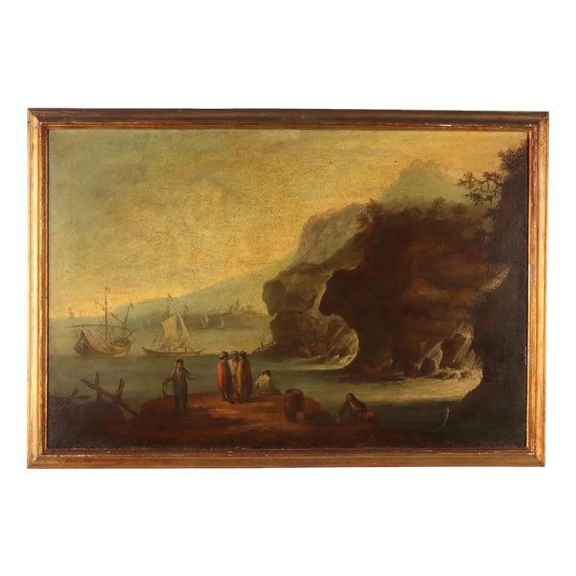 Marine Landscape with Figures, Oil on Canvas For Sale