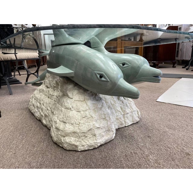Vintage Sculptural Glass Top Coffee Table, Three Dolphins, Marine Life, Exposed Top Fins, Textured Edge Glass For Sale - Image 4 of 11