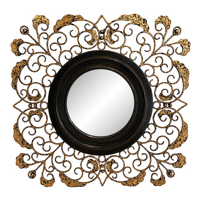 Artmax Ornate Dark Brown & Gold Scrollwork Wall Mirror – 39" Square For Sale