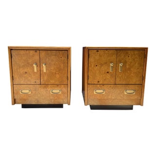 Pair of Burl Wood Nightstands With Gold Hardware For Sale