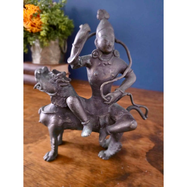 Antique Indian Bronze Deity on Lion, 19th Century For Sale - Image 4 of 13