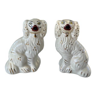 Vintage Staffordshire Porcelain Spaniel Figurines With Gilt Accents For Sale