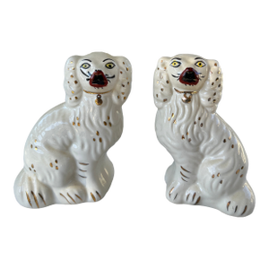 Vintage Staffordshire Porcelain Spaniel Figurines With Gilt Accents