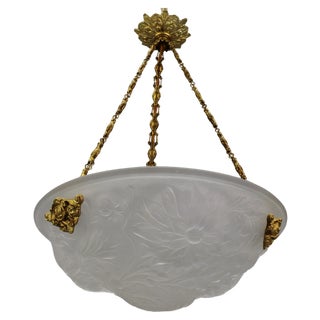 French Art Deco White Frosted Glass and Bronze Pendant Light with Floral Motifs, 1930s For Sale