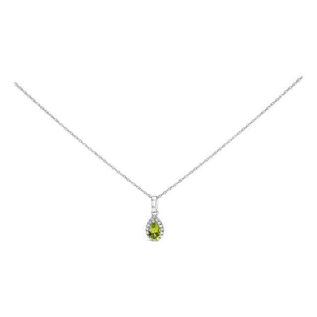 10K White Gold 5x3mm Green Peridot and Diamond Accent Halo Pear Shape 18" Pendant Necklace (I-J Color, I1-I2 Clarity) For Sale
