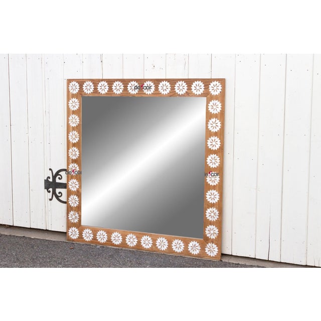 Wood Square Reclaimed Teak Blossom Mother of Pearl Inlay Mirror For Sale - Image 7 of 8