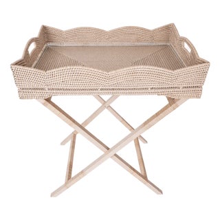 Artifacts Rattan Scallop Design Butler Tray with Wooden Legs, White Wash For Sale