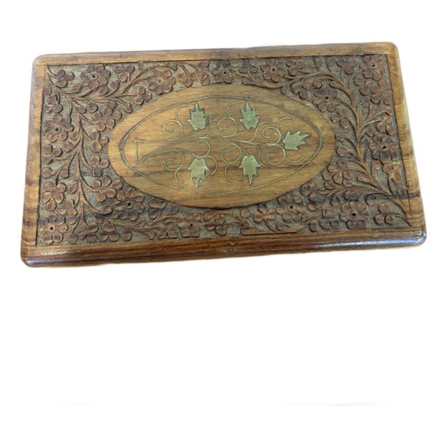 Vintage Handcrafted Wooden Box With Brass Inlay For Sale