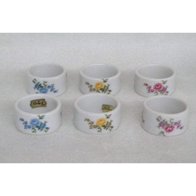 Mid-Century Modern Shafford Japan Porcelain Floral Blue Yellow Pink Napkin Rings Set of Six For Sale - Image 3 of 8