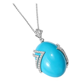 Late 20th Century 14K White Gold Diamond Turquoise Pendant Necklace For Sale