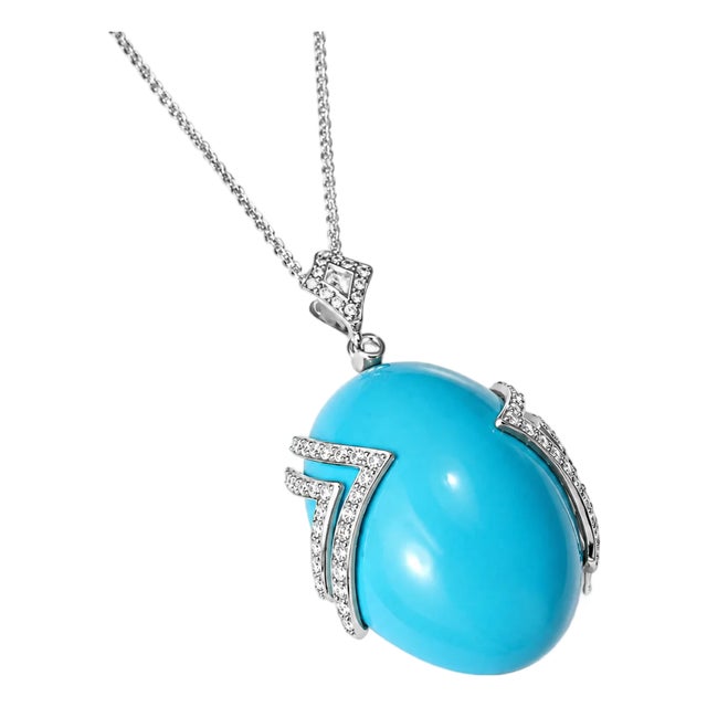 Late 20th Century 14K White Gold Diamond Turquoise Pendant Necklace For Sale