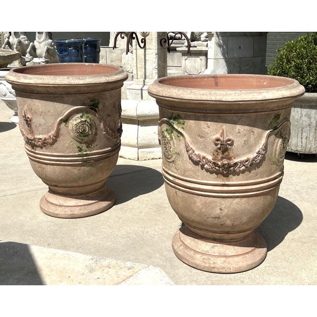Pair of 31 Inch French Anduze Planters With Antique Patine, Fleur De Lys For Sale - Image 12 of 12