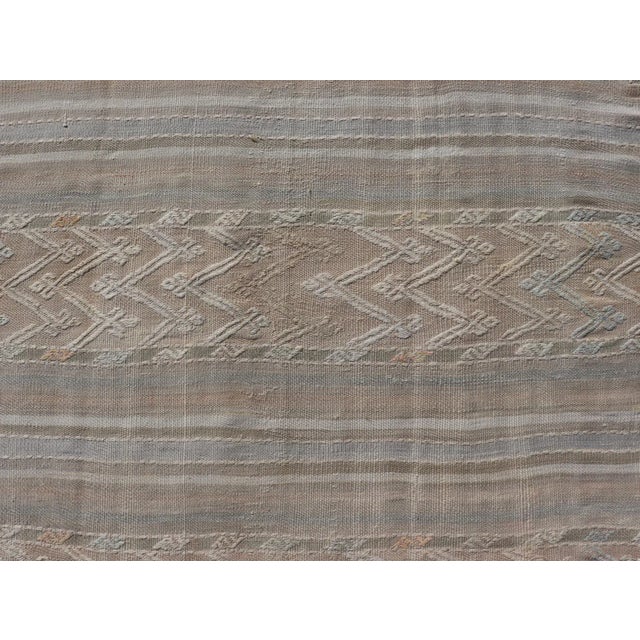 Mid 20th Century Striped Hand Woven Turkish Flat-Weave Kilim in Muted Colors and Tribal Motifs For Sale - Image 4 of 10