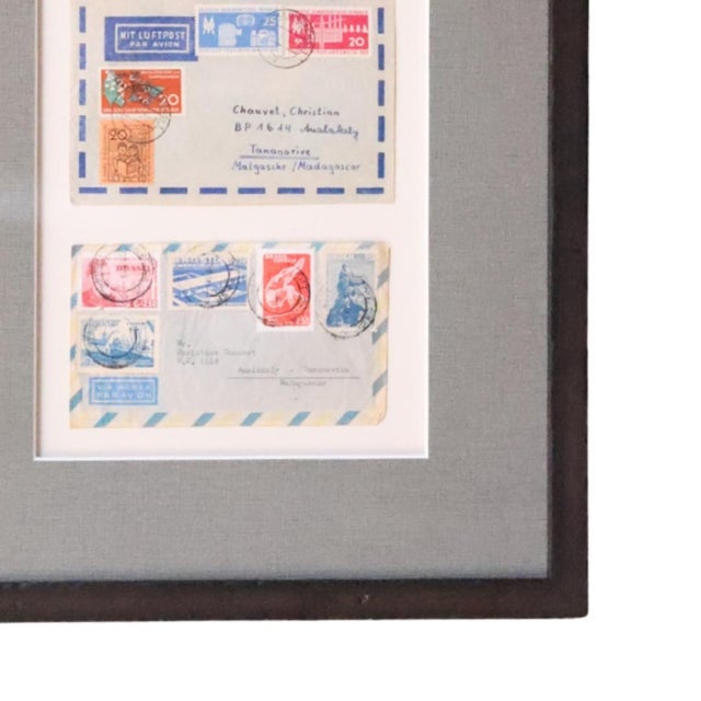 Set of three 20th Century French air mail envelopes, framed together as a nostalgic tribute to vintage correspondence....