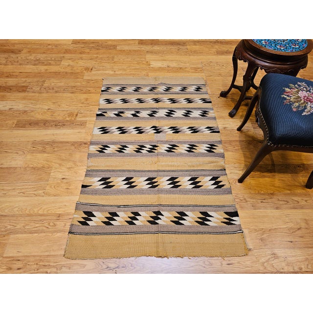 Vintage Native American Navajo Rug, Handwoven Wool, Chinle Revival Pattern, Tan & Black, 3x5 For Sale - Image 14 of 15