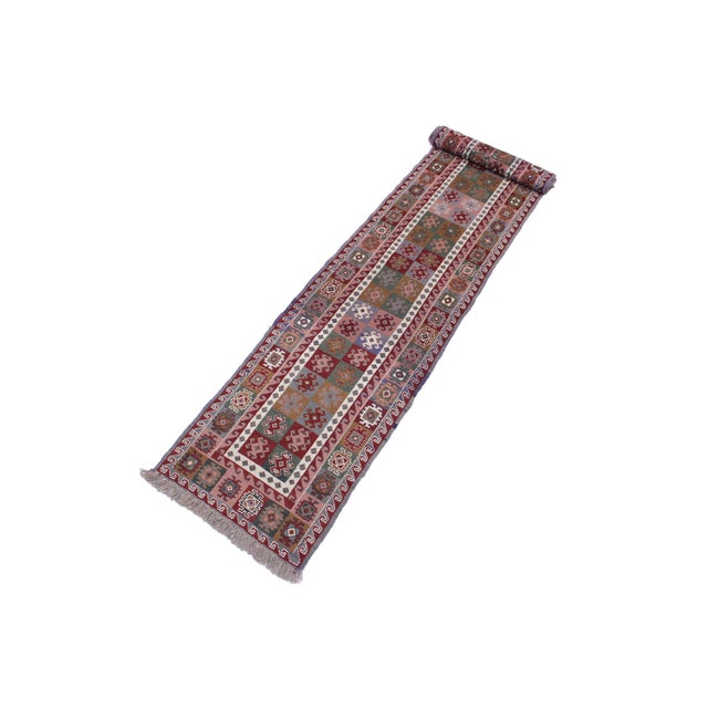 Rustic Soumak Red/Gray Wool Runner Rug- 2'4'' X 11'7'' For Sale - Image 4 of 10