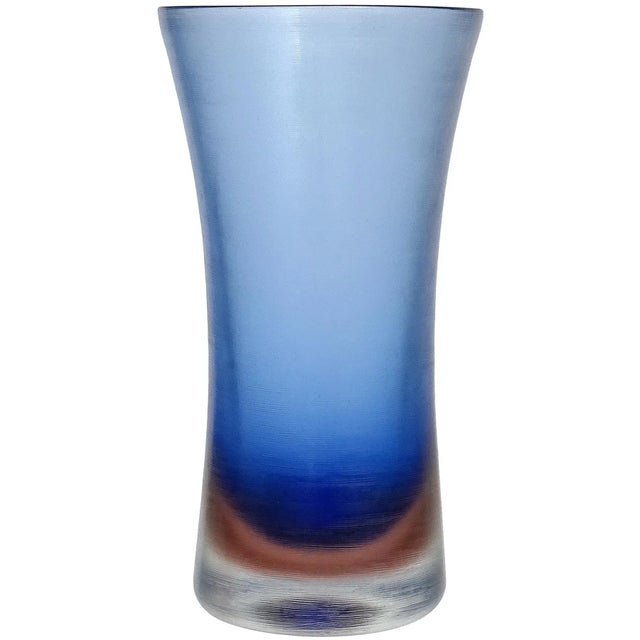 Blue Venini Murano Signed Sommerso Blue Inciso Carved Technique Vintage Italian Art Glass Flower Vase For Sale - Image 8 of 8