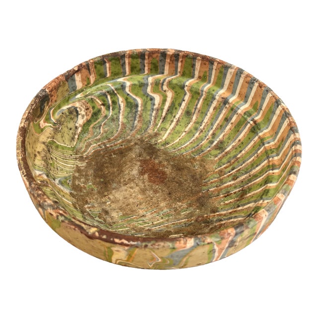 Antique Hungarian Bowl With Marbled Glaze Heavily Patinated For Sale