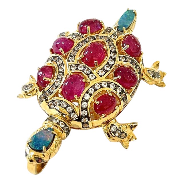 Bochic "Orient" Vintage Retro Multi Ruby, Diamond & Opal Brooch Set 18K Gold For Sale