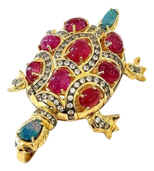 Bochic "Orient" Vintage Retro Multi Ruby, Diamond & Opal Brooch Set 18K Gold