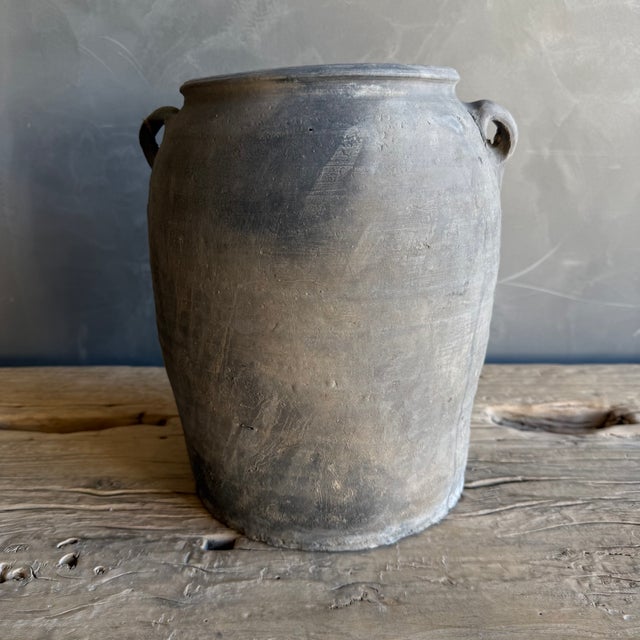 Rustic Vintage Matte Gray Clay Pottery With Handles For Sale - Image 3 of 6