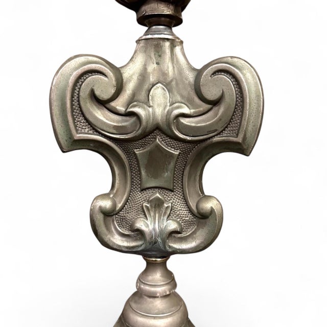 Pair Antique Solid Pewter Baroque Style Candlestick Floor Lamps For Sale - Image 12 of 12