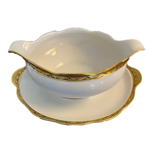 1980s Wawel Poland Porcelain Gravy Boat With Gold Scalloped Edge
