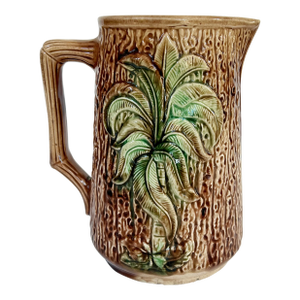Antique English 19c Majolica Pitcher Faux Bois With Palm Tree