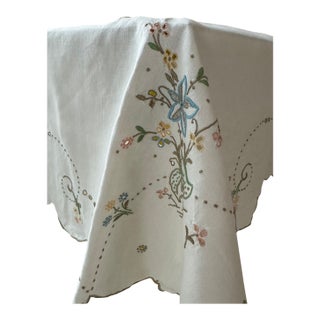 1970s Exquisite 40 X 40" Hand embroidered with scalloped edge tablecloth from Madeira Portugal For Sale