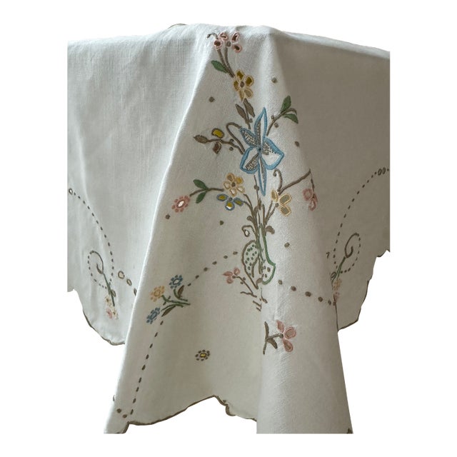 1970s Exquisite 40 X 40" Hand embroidered with scalloped edge tablecloth from Madeira Portugal For Sale
