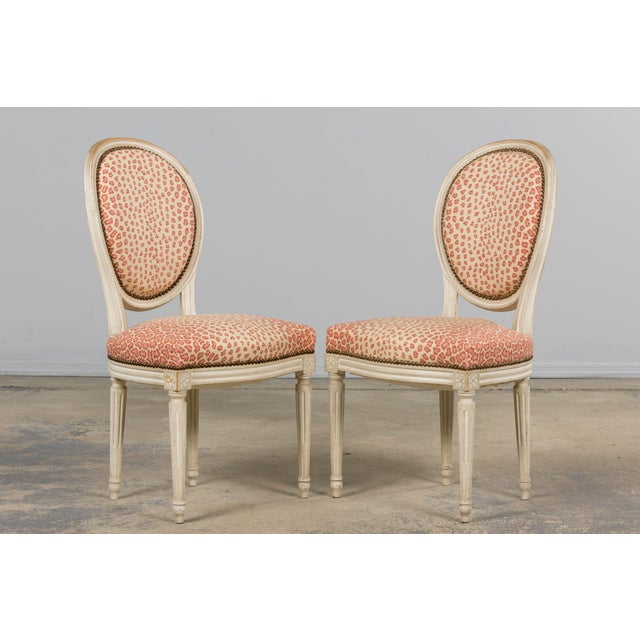 Late 19th Century Antique French Louis XVI Style Painted Dining Chairs W/ Leopard Jacquard - Set of 6 For Sale - Image 5 of 18