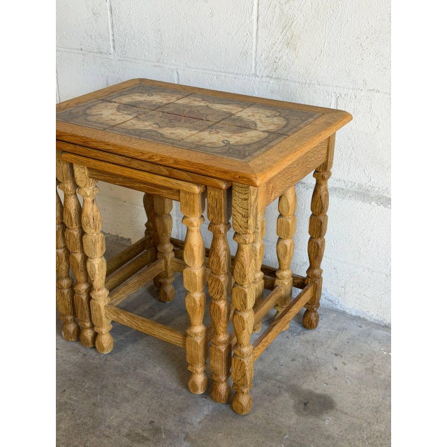 Oak Tile Top Nesting Tables Set of 3 Danish Mid-Century Modern Side Tables 1970s For Sale In Los Angeles - Image 6 of 9