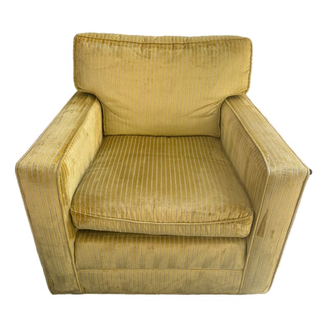 Kravet Upholstered Swivel Lounge Chair – Mustard Stripe Designer Fabric – Classic Box‑Arm Silhouette For Sale