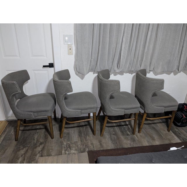 Transitional Four Hands Designer Dining Chairs- Set of 4. Grey Fabric- Nailhead Trim For Sale - Image 3 of 7