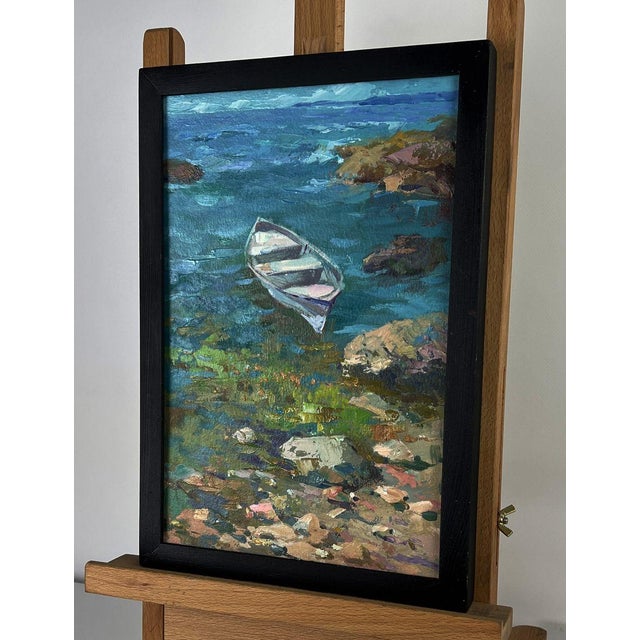Impressionist Oil Painting a Lonely Boat on the Seashore Yuriy Suprunchuk For Sale - Image 3 of 11