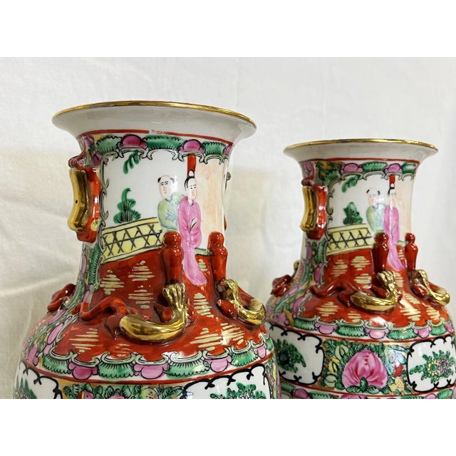 Mid Century Asian Famille Rose Vases of Hand Painted Porcelain With Gold Accents- a Pair For Sale - Image 11 of 12