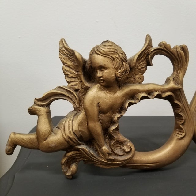 Vintage Baroque Rococo Revival Gilt Cherub Bed Crown & Curtain Cornice – Ornate Wall Pediment -Three Pieces For Sale - Image 4 of 12