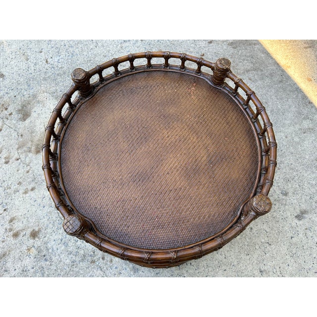 1990s Three Tier Dark Rattan Bamboo and Leather Rolling Bar Cart For Sale - Image 5 of 12