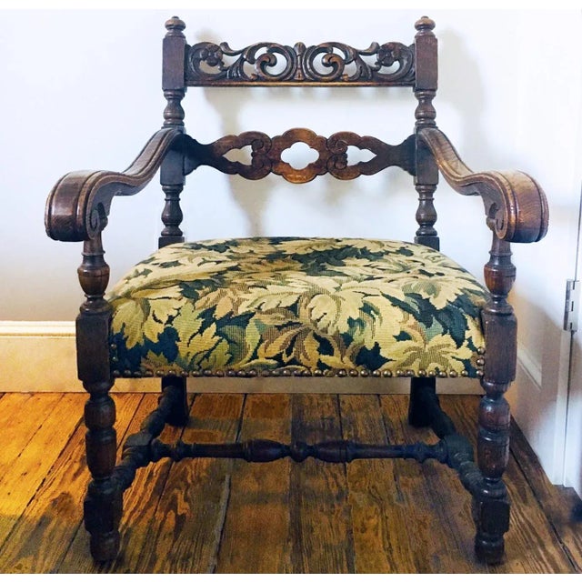 Bottle Green Late 19th Century Carved Oak + Tapestry Jacobean Armchair For Sale - Image 8 of 8