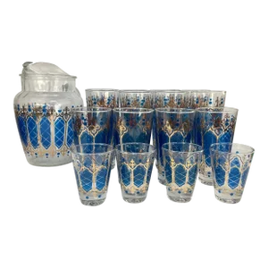 Vintage Blue and Gold Decorated Cocktail Set - Set of 17