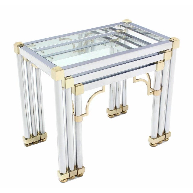 Mid-Century Modern Set of 3 Chrome and Brass Metal Glass Top Nesting Side End Occasional Tables For Sale - Image 3 of 9