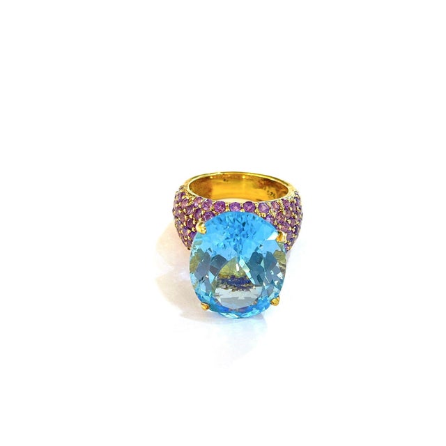 Bochic "Orient" Vintage Blue Topaz & Pink Sapphire Cocktail Ring 18K Gold & Silver, Size 7 For Sale - Image 18 of 18
