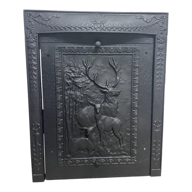 Late 18th Century 24" W X 30"h Decorative Buck, Doe & Fawn Cast Iron Fireplace Surround and Insert For Sale
