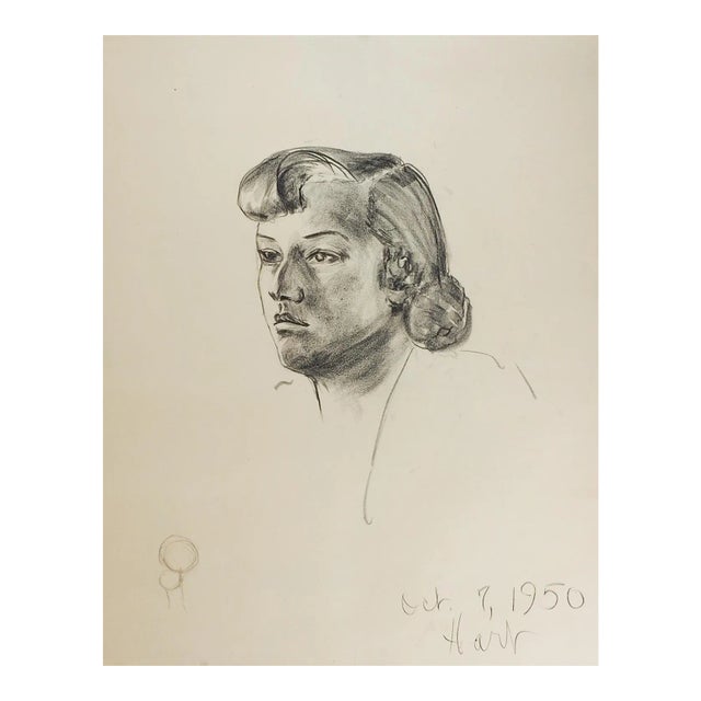 Vintage 1950 Portrait Charcoal Drawing of Woman For Sale