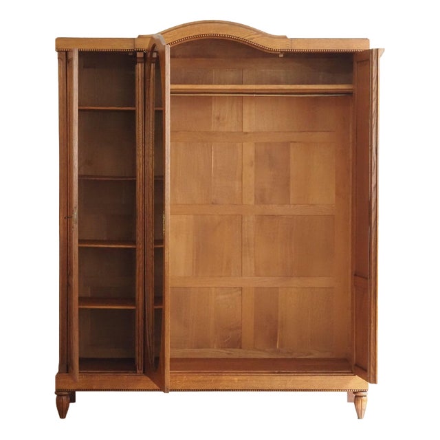 Large Art Nouveau 3-Door Wardrobe in Oak with Oval Mirror For Sale