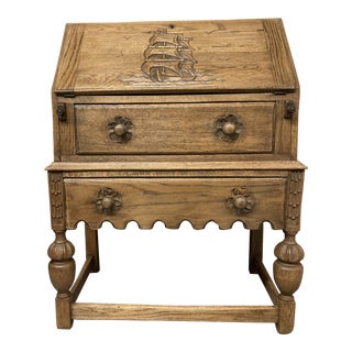 Antique English Oak Bureau Secretary Desk With Ship Motif For Sale