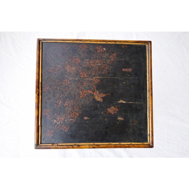 Chinoiserie Antique Chinoiserie Lacquer Bamboo Side Table With Hand-Painted Bird Motif For Sale - Image 3 of 3