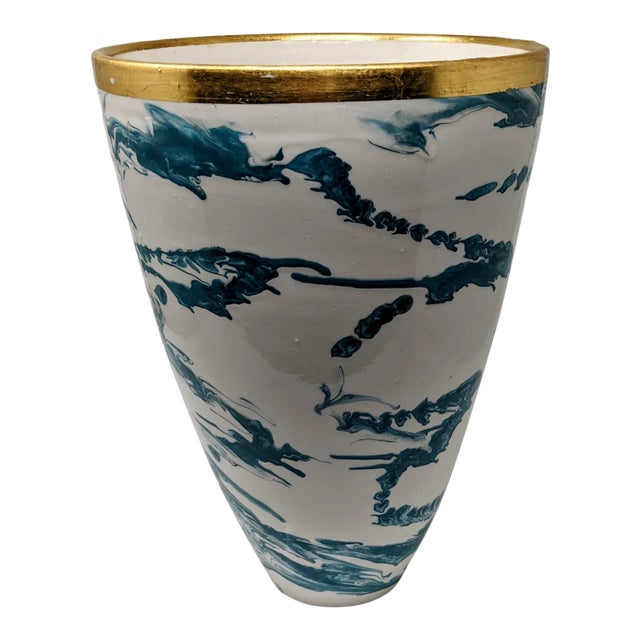 Italian European Oversized Teal Swirl Ceramic Vase With Gold Rim For Sale