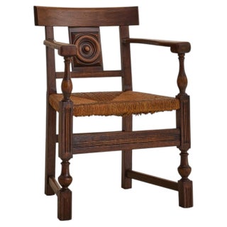French Rush + Oak Armchair in the Manner of Charles Dudouyt, 1940s - 2 Available For Sale